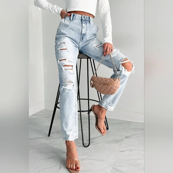 Light Washed Distressed Baggy Kancan Button Fly Denim Jeans - Picture 3 of 7